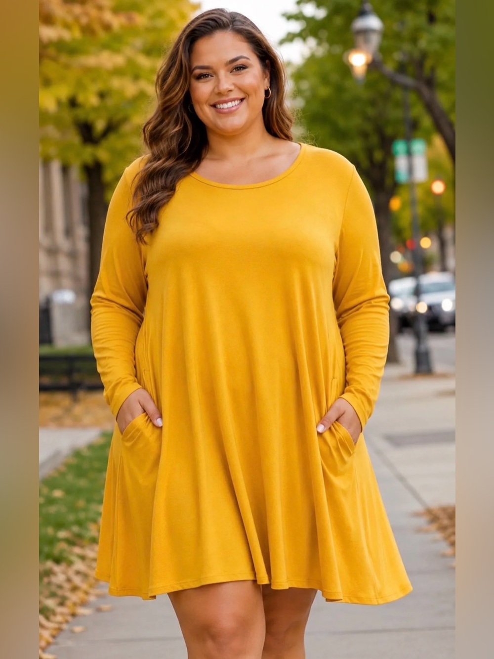 Heimish U.S.A. Mustard Long Sleeve Swing Dress with Pockets